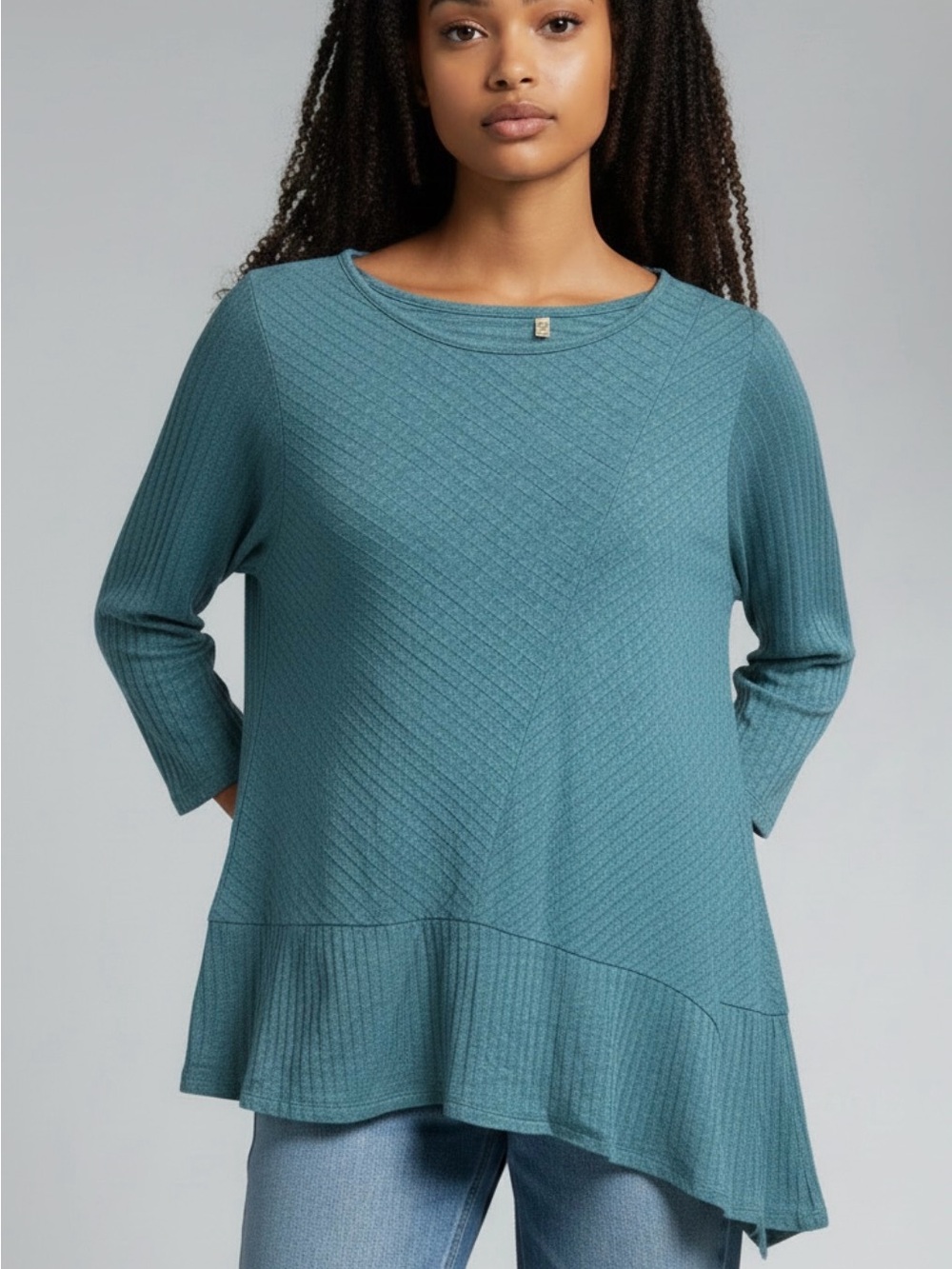 Soft Surroundings Teal Textured Long Sleeve Swing Top